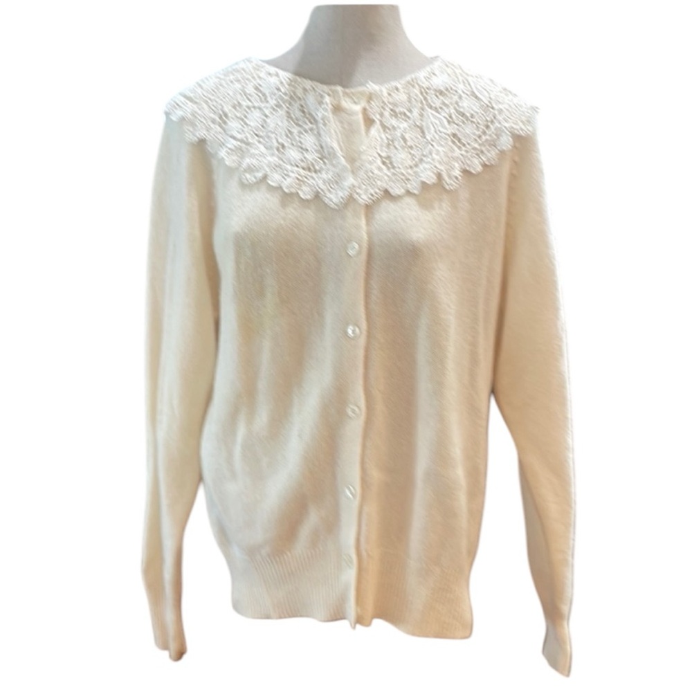 Vintage together! Knit Cardigan sweater lace collar lambswool ivory women size S